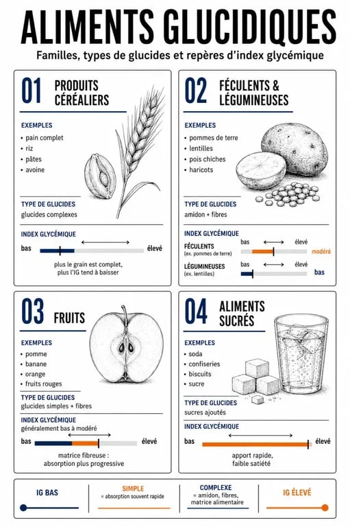 Aliments glucides classés par familles et impact glycémique