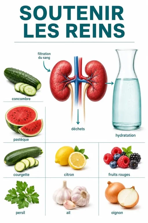 12 aliments qui nettoient les reins : illustration santé avec reins, hydratation et aliments clés