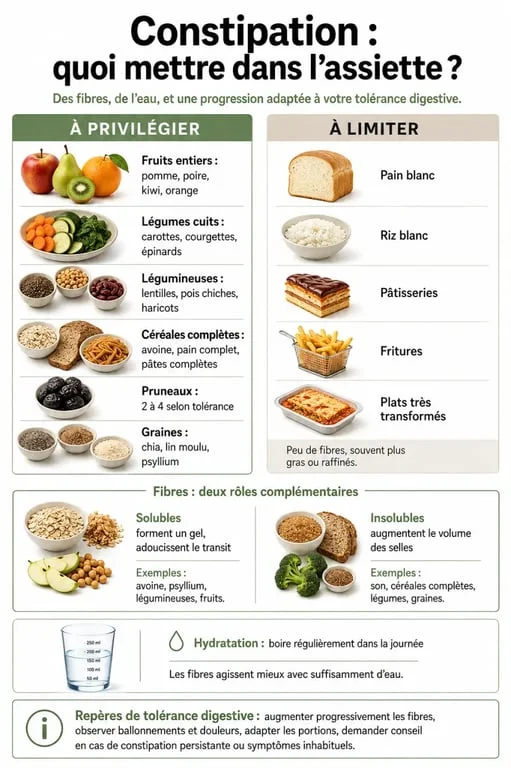 Infographie aliment contre la constipation montrant les aliments à privilégier, à limiter, les fibres et l’hydratation