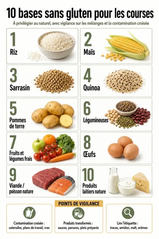 10 aliments sans gluten à retenir dans un visuel clair avec alertes sur la contamination croisée