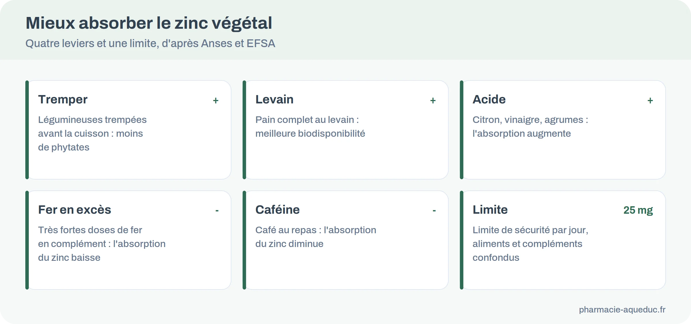 Quatre leviers pour mieux absorber le zinc : trempage, levain, acides et éviter les excès de fer et de caféine